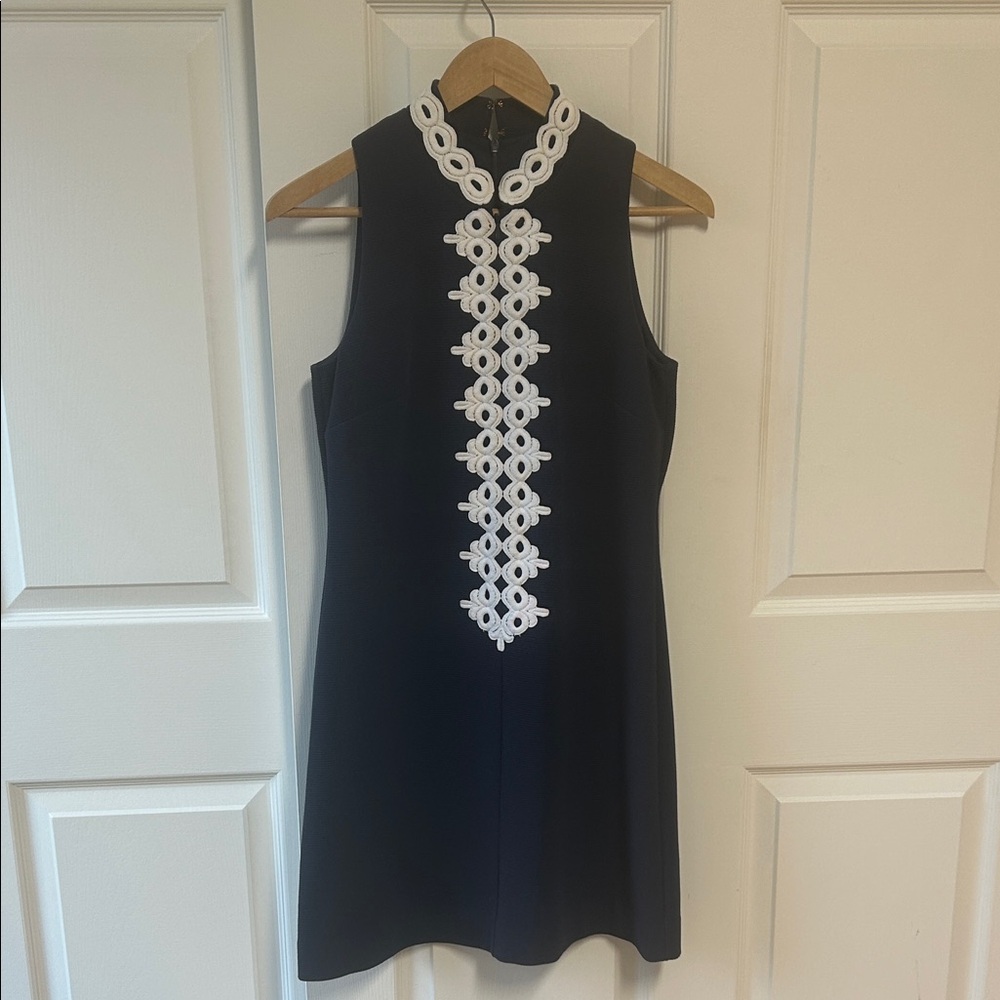 Lilly Pulitzer Navy Callista Stretch High Collar Zip Front Dress S Navy Lace